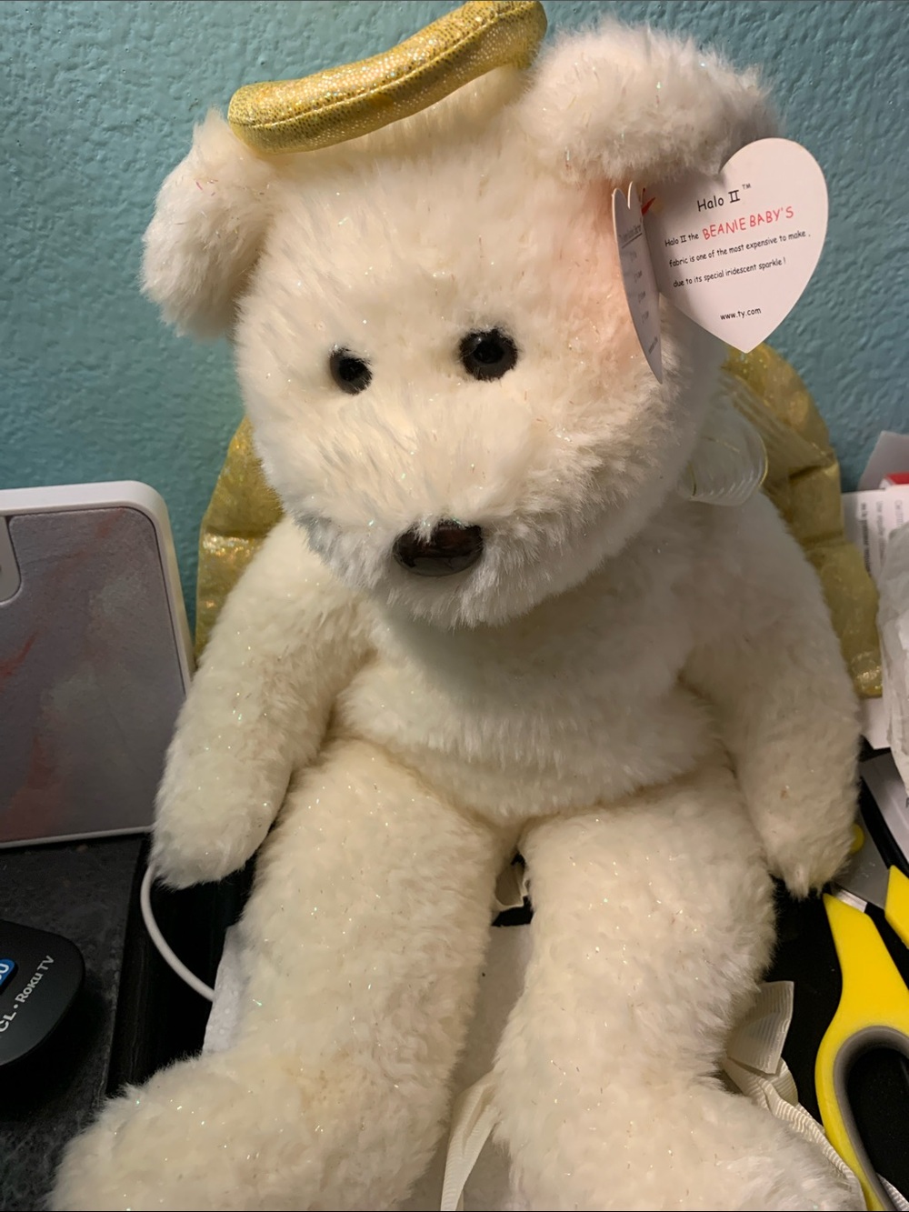 Ty Plush Angel Dog Toy - Cream with Gold Halo